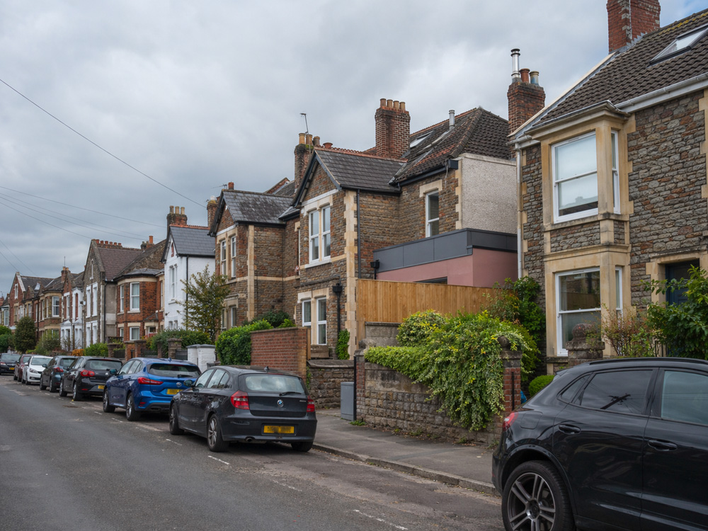 Mixed property types in Bristol showing different roofing styles