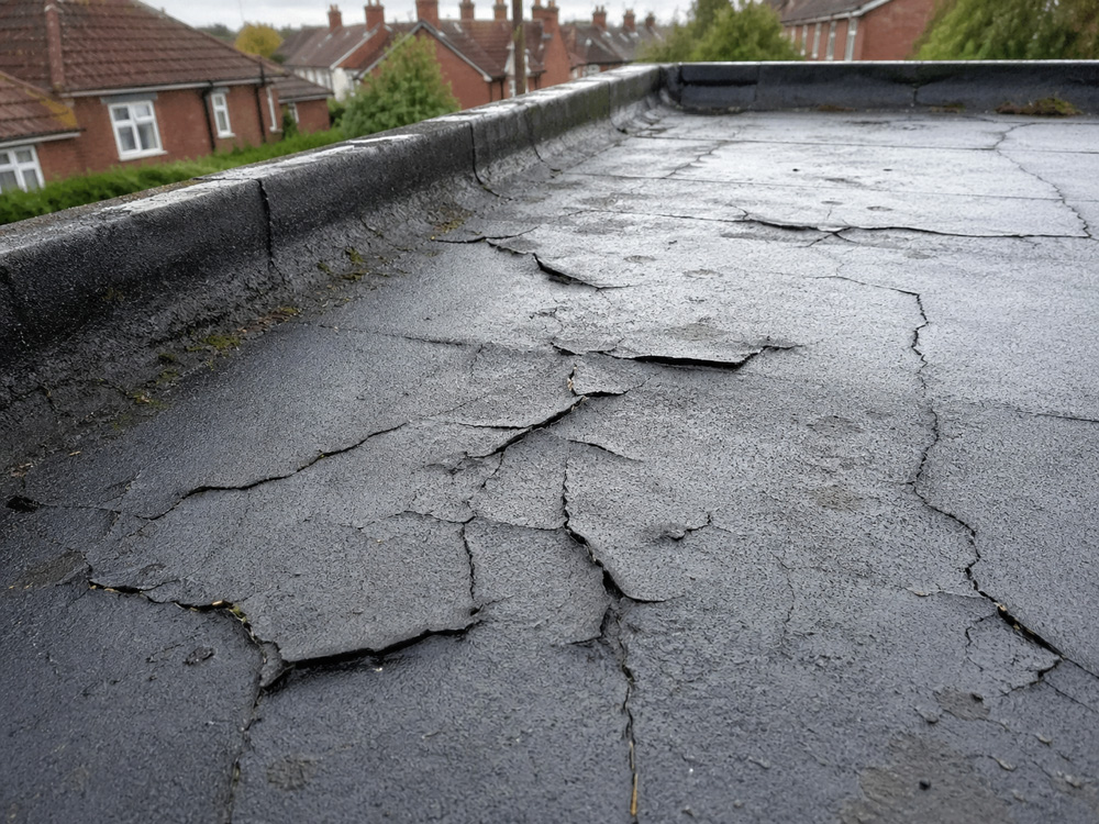 Cracked flat roof membrane showing damage