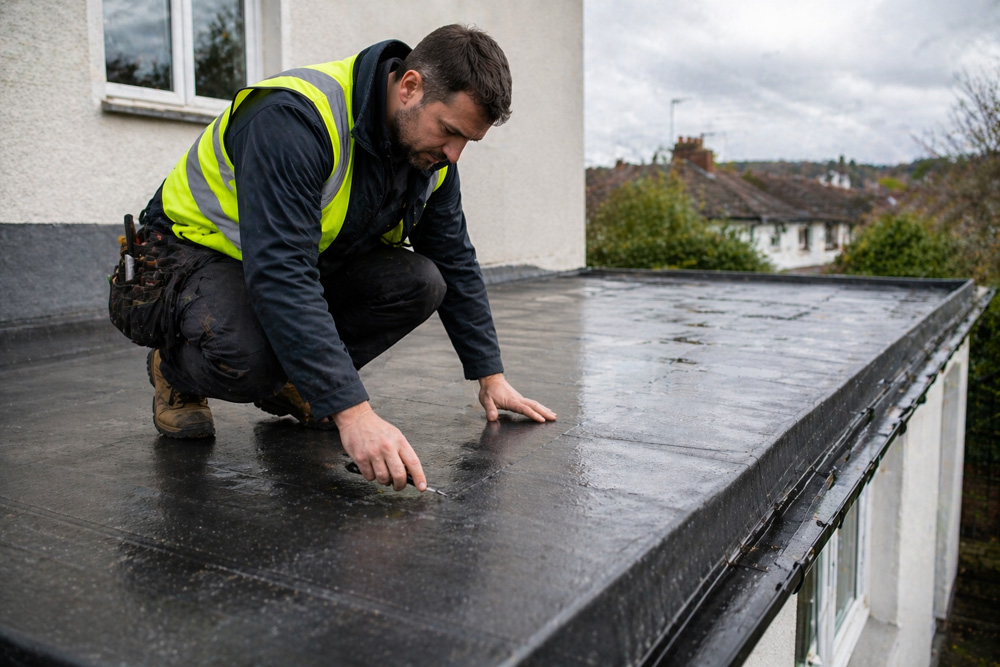 Professional flat roof inspection being carried out in Bristol