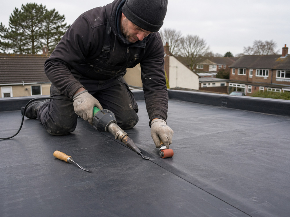 Roofer repairing flat roof seam in Bristol