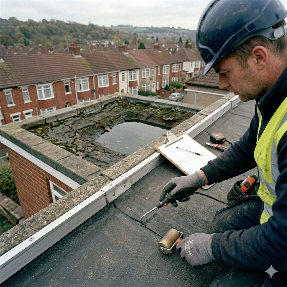 Roofer inspecting flat roof to identify repair issues in Bristol