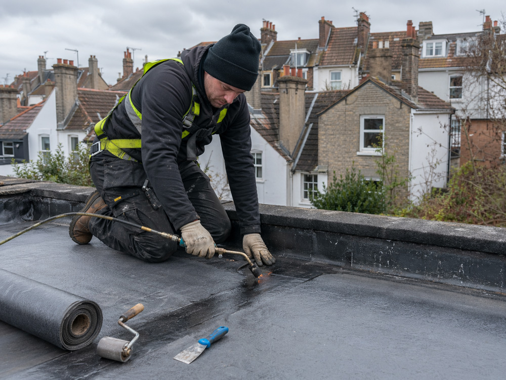 Roofer carrying out roof repairs in Bristol