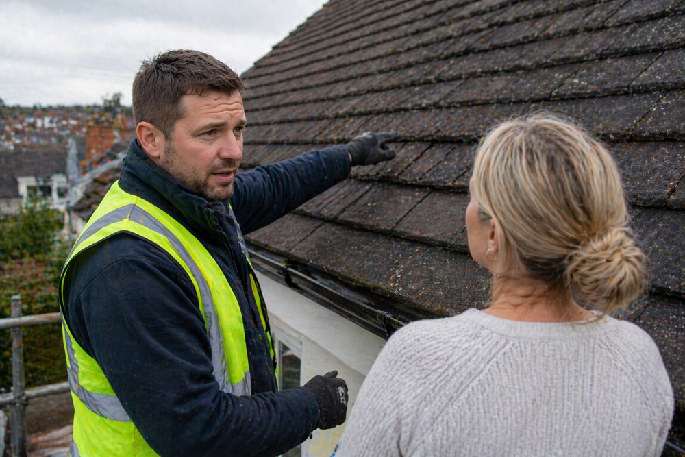 Roofer advising homeowner about roof repairs in Bristol