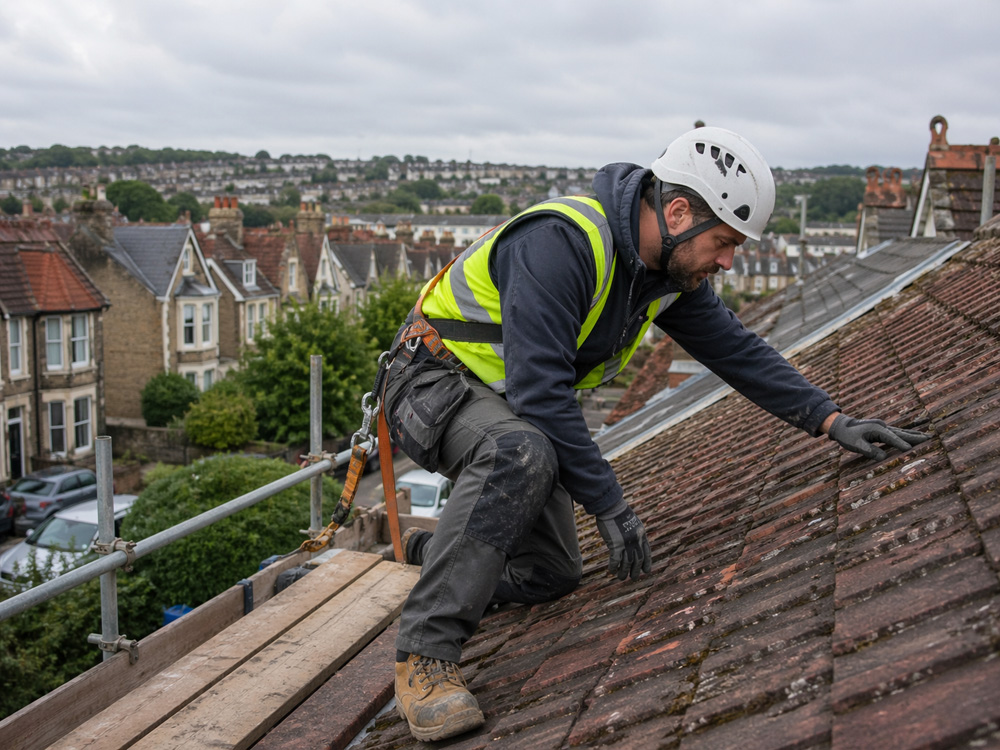 Roofing contractor inspecting roof in Bristol