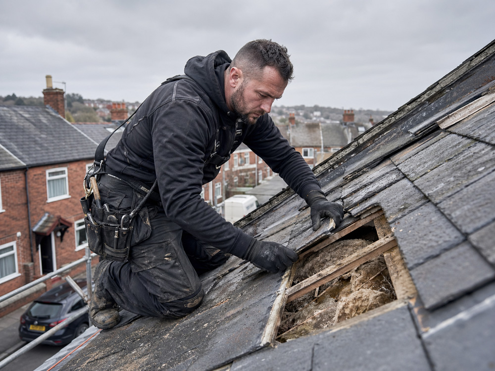 Roofer carrying out emergency roof repair in Bristol