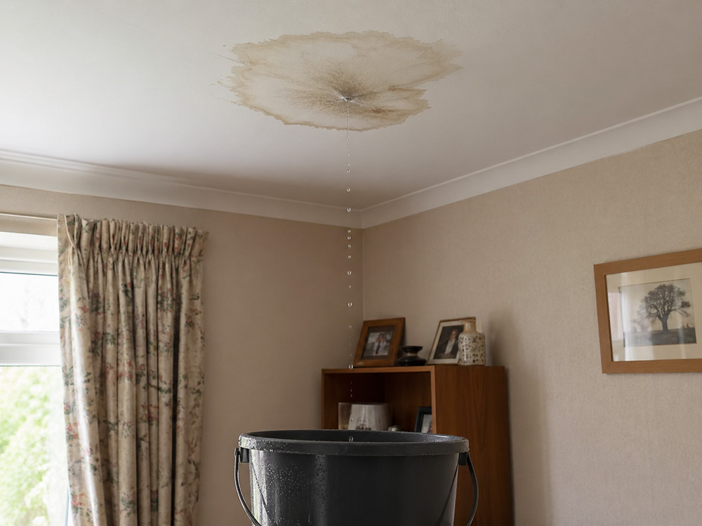 Bucket catching water from roof leak